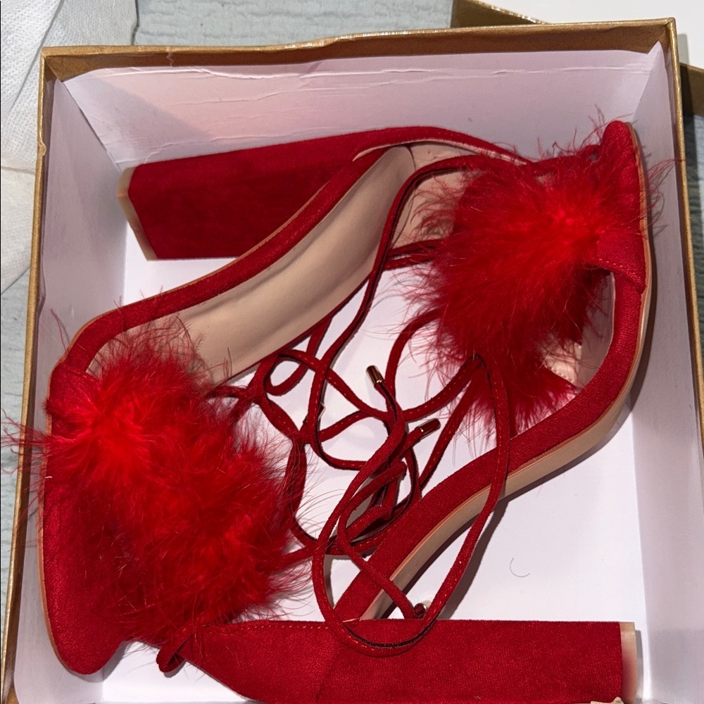 JustFab Red Feathered Heels - Picture 3 of 5